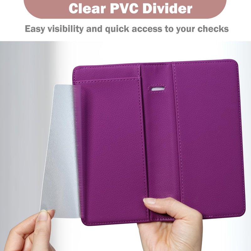 Hot Cool Checkbook Cover with Elastic Band - Premium Leather Clear PVC Divider Durable, Compact, and Multi-Functional Holder Wallet Case for Man and Woman, Litchi - Purple - Image 5